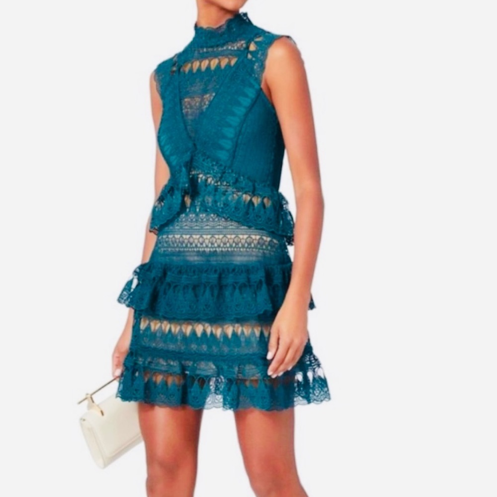 Self-Portrait Teardrop Guipure Tiered Lace Turquoise Teal BOHO Embroidery Dress - Picture 5 of 16